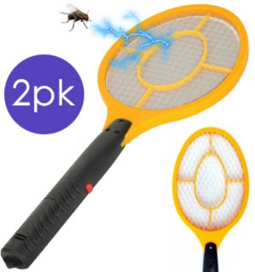 Tennis racket-style electric fly swatter that uses electric shock to kill all flying insects.