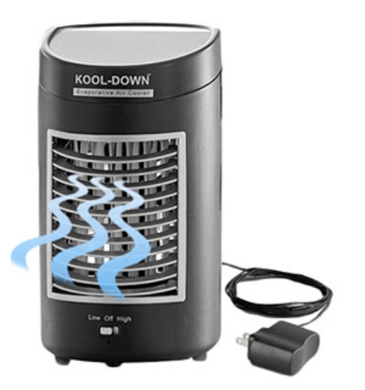 The desktop Kool-Down Evaporative Cooler gives you cooling relief without a big, bulky AC unit. This quiet and portable 2-speed evaporative cooler circulates moist air to help lower the surrounding temperature and provide refreshing relief. It is ideal for your desktop, bedroom, kitchen or anywhere space is limited or you don't need a large unit.