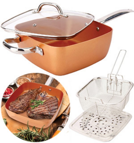 DOUBLE OFFER - As Seen On TV Square Copper Pan Cookware Set provides convenience and versatility with the 4-Piece Deep 9.5&quot; Square Pan Set. This multi-purpose cooking ensemble is a must have for home cooks.