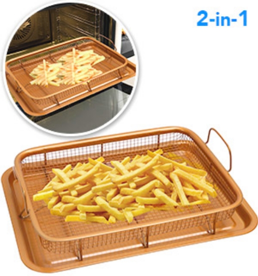 This nonstick copper crisper tray turns your oven into a fryer. This allows you to fry things like chicken wings, homemade French Fries, mozzarella sticks and breaded shrimp without all the oil. This allows you to enjoy your favorite fried foods guilt-free!