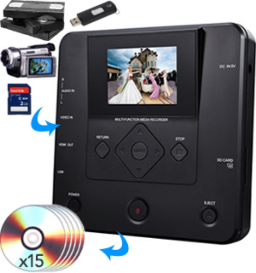 Transfer home movies, taped programs, and your favorite memories to DVDs quickly and easily...all without using a computer! This all-in-one device does everything. Play and capture  media from your camcorders, digital cameras, or the VCR and burn a disc from the same machine