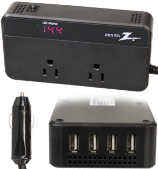 Supply all of your power needs with the Zenith DC to AC Power Inverter. It allows you to power many of your household items right from your own car! Each unit comes with two AC grounded power outlets and with four hi-power USB ports.