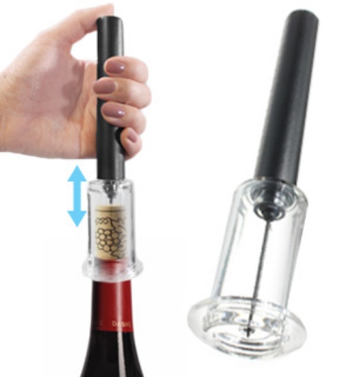 This wine bottle opener is the easy and safe way to remove corks from wine bottles. It uses an injector pump to compress air underneath the cork, lifting it out effortlessly like magic; it'll have you saying WOW!