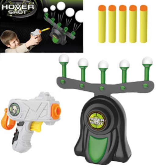 The Hover Shot uses a fan inside of the hovering device to keep five tiny foam balls suspended in the air. It is your job to take the gun and shoot them out of the air with the foam pellets.