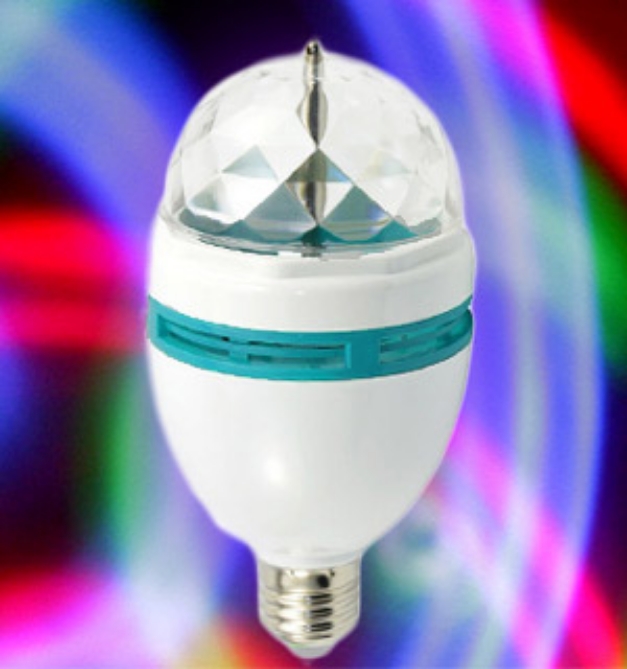 Plug in the party! This LED Rotating Lamp Bulb produces a stunning ''disco'' effect when plugged in to an ordinary light socket.No electrical cord, buttons, or controls to complicate things; just screw it in!