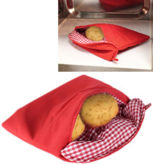 The Potato Pocket is a microwavable cloth pouch used to cook potatoes or other vegetables quickly and easily in your microwave without drying them out.