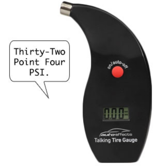 No more squinting! Check your tire pressure the easy way with this talking digital tire pressure gauge. Simply attach the device to your tire valve, and press the on button to get a loud and clear measurement read aloud for you. A large LCD screen also displays the measurement clearly.