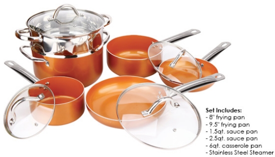 Just like As Seen On TV Copper Chef or Red Copper Pan Sets but 1/2 price. Copper Cookware Set includes Copper Frying Pan, Copper Sauce Pan, Copper Casserole Pan, Steamer.