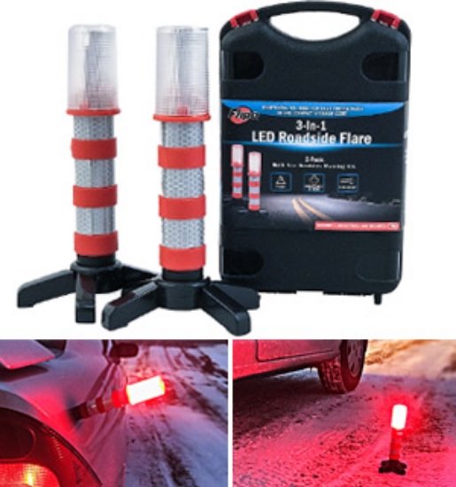 The 3-in-1 emergency kit includes 2 multi-use LED flares that feature 3 light modes: flashlight, red emergency flare, and SOS emergency strobe.