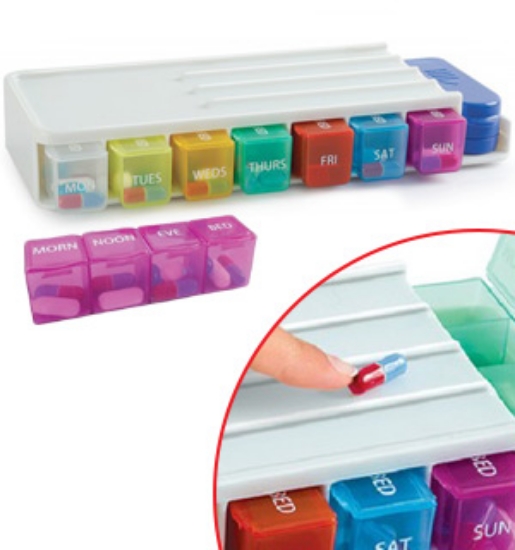 The Weekly Pill Sorter and Organizer contains 7 individual, removable pill organizers, each with 4 divided compartments for morning, noon, evening, and bed. Features a organizing surface to place all your pills and fill each pill compartment faster.