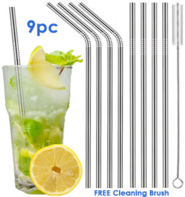 Picture 1 of 9pc Reusable Stainless Steel Straws