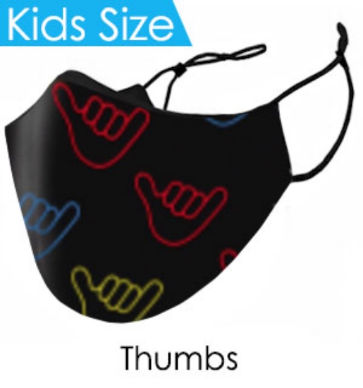 The fun and carefree &quot;hang loose&quot; sign makes a splash on this black mask with multiple colored hang loose logos.
