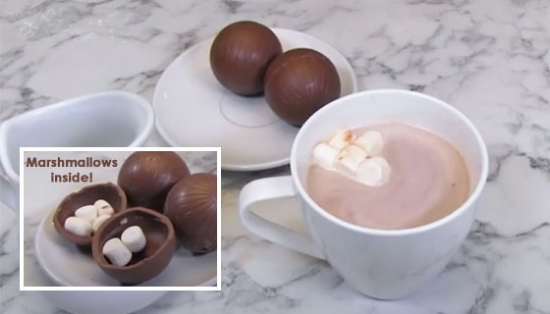 The Fudgy Bombs are a 100% milk chocolate orb shell with delicious hot cocoa and marshmallows inside.