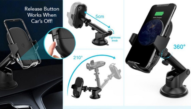 Mount your phone to your car vent, windshield, or dashboard all while wirelessly charging your phone with this charging phone mount.