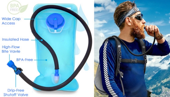 Ideal for day hiking, biking, camping or just being out all day at a fest or concert, the Hydration Backpack provides you with a thirst-quenching 1.5 liters of water in a convenient backpack, leaving your hands free and your pockets empty of bulky water bottles.