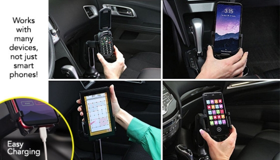 The CupCall Crane is the amazing phone mount that fits in nearly any car's cupholder, thanks to the expandable base to securely lock it in place. The adjustable arm not only lets you rotate, swivel, and tilt your phone in any direction: but also get some much needed height to make it easier to see!