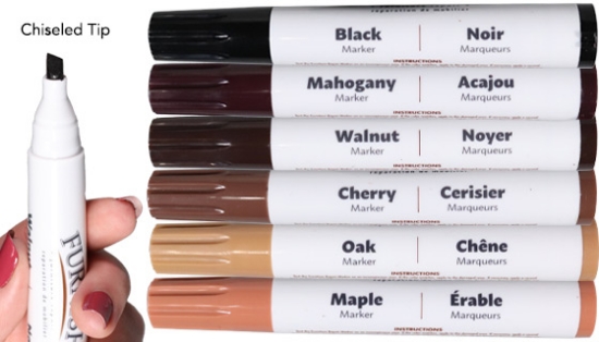 In this 12 piece kit, you get Six (6) Marker Pens and Six (6) Filler Sticks for deep scratches. Includes 6 different shades for major types of wood: Maple, Oak, Cherry, Walnut, Mahogany and Black. You can even blend and layer colors to match your stains perfectly.