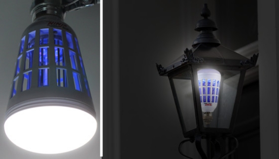 Part LED light bulb, part bug zapper!  The 2-in-1 bulb can be used indoors and outdoors in any standard light fixture.  4 ultraviolet LEDs lure the pests and zap them with the high voltage grid once they get too close.