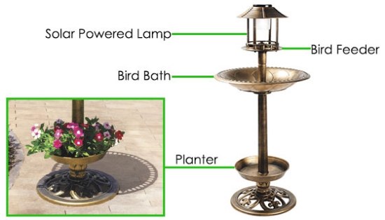 Add a delightful space for birds to cool off while beautifying your lawn with the 4-in-1 Birdbath with Solar Lamp, Feeder, and Planter.