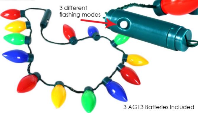 This colorful accessory features 13 individual bulbs of 4 colors - red, green, blue, and yellow.  With the press of a button you can really brighten things up with the 3 distinct settings - fast strobe, slow strobe, and alternating flash.