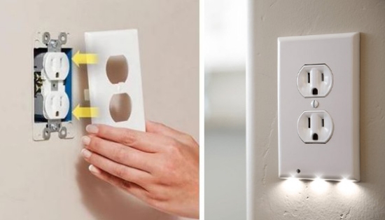 Transform your standard wall-outlets into night lights! The Night Angel Wall-Outlet cover plate has 3 built-in LEDs that automatically turn on at night to light your pathway.