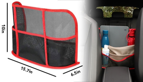 The Car Net Pocket Organizer by <em>Innovative Bros.</em> covers the space between your front seats to give you extra storage for items like bags, phones, purses, electronics, or snacks and drinks for the kids!