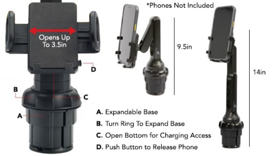 The CupCall Crane is the amazing phone mount that fits in nearly any car's cupholder, thanks to the expandable base to securely lock it in place. The adjustable arm not only lets you rotate, swivel, and tilt your phone in any direction: but also get some much needed height to make it easier to see!