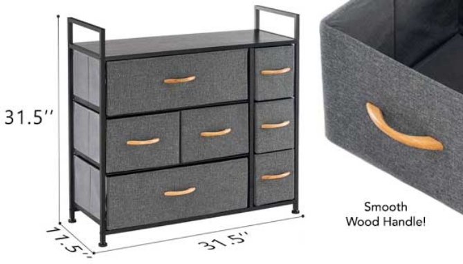 This small storage dresser will make for a fantastic addition to any living space in your home while keeping you organized. Choose from 7 total fabric drawers in different sizes that sit atop the lightweight industrial iron frame.