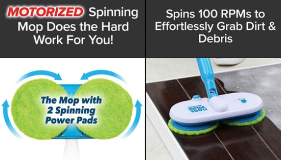Floor Police is the motorize spin mop that does the hard work for you! It's lightweight, cordless, and includes 6 microfiber pads that go on dual heads that spin away messes at 100 RPMs. Clean a multitude of surfaces both effectively and effortlessly.
