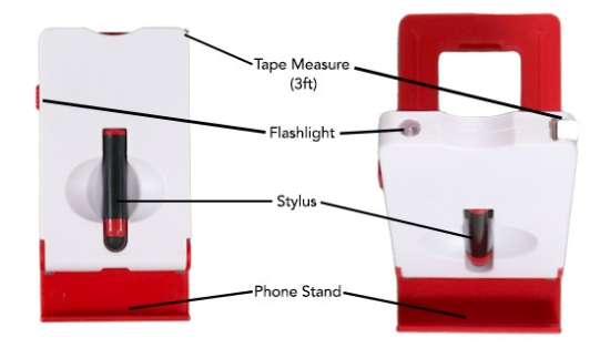 Adjustable Phone Stand w/ Built-In Flashlight, Tape Measure, and Stylus