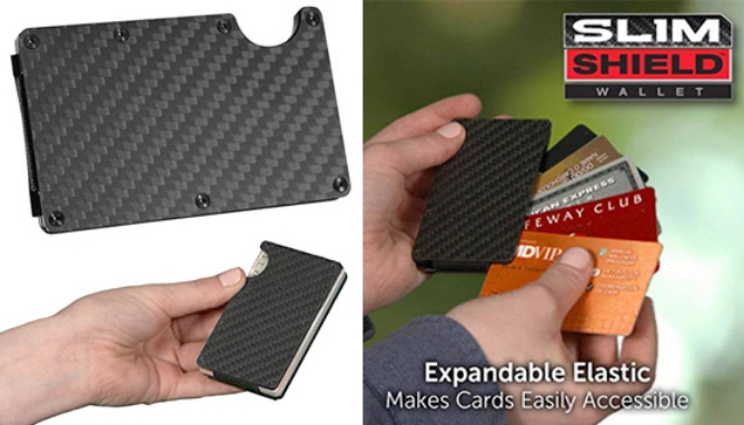 Slim down that over-stuffed disorganized wallet with the sleek new Carbon Fiber Slim Shield Wallet. This modern design can hold up to 12 credit cards or IDs while maintaining a slim profile half as thick as a standard wallet. It comfortably fits in almost any pocket without that annoying bulge.