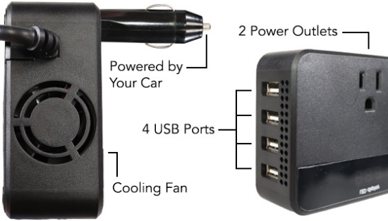 Supply all of your power needs with the Zenith DC to AC Power Inverter. It allows you to power many of your household items right from your own car! Each unit comes with two AC grounded power outlets and with four hi-power USB ports.