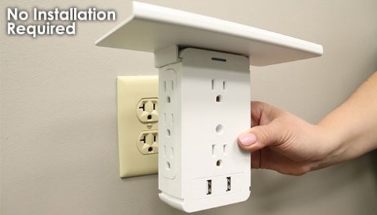 The Tower Charger transforms your standard 2 port outlet into a powerful charging station complete with a built-in shelf.