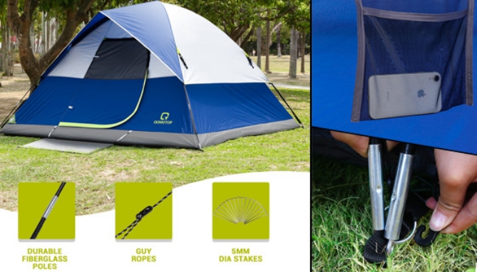 This spacious dome tent provides ample space for up to 4 people inside, and can even accommodate a queen-sized air mattress and other camping gear.