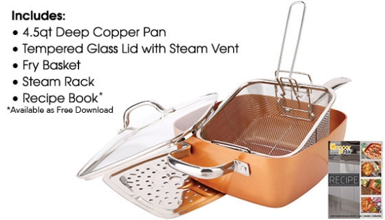 DOUBLE OFFER - As Seen On TV Square Copper Pan Cookware Set provides convenience and versatility with the 4-Piece Deep 9.5&quot; Square Pan Set. This multi-purpose cooking ensemble is a must have for home cooks.