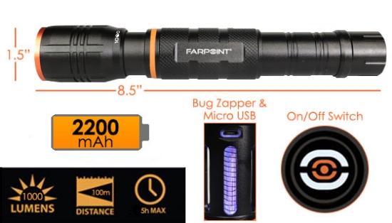 This super bright LED flashlight offers 1000 lumens to illuminate your surroundings. Operate the light through an easy to use rubberized button on the bottom. With a light soft press, you can quickly cycle between 4 powerful beam settings: Max, Low, Strobe, and Bug Zapper!