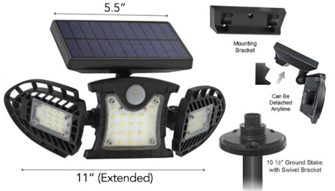 Dual-Mounting Flex-Fold Solar-Powered, Motion and Light Activated Security Light