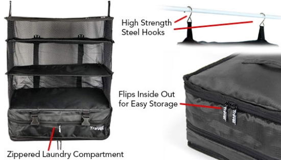 Never go through the hassle of unpacking a full suitcase again; hang it instead with the patented Portable Luggage System. This innovative product combines the convenience of hanging storage shelves and portability of packing cubes in one easy-to use package.
