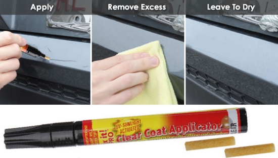 This repair pen fills light scratches without any mess and dries quickly in sunlight. It works on any color paint and is safe, odorless, and non-toxic. Just take the pen and shake, prime, apply, and wipe. It's just that easy!