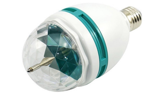 Plug in the party! This LED Rotating Lamp Bulb produces a stunning ''disco'' effect when plugged in to an ordinary light socket.No electrical cord, buttons, or controls to complicate things; just screw it in!