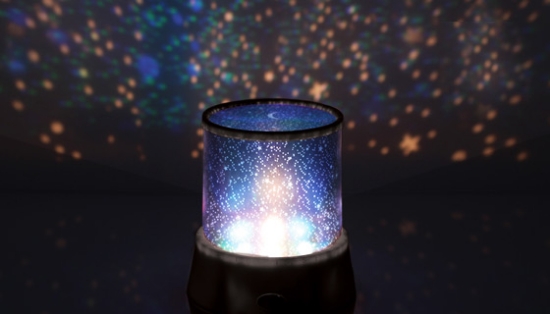 Add a touch of the galaxy to any darkened room! With the push of a button, this mini star nightlight projects beautiful stars in every direction. Even the ceiling produces stars and includes a crescent moon.