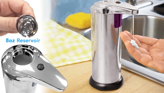 Stop the spread of dangerous germs with this heavy duty, Motion Activated Soap Dispenser with Stainless Steel like finish. Just place hands beneath the spout and the motion-activated dispenser automatically releases just the right amount of liquid soap, hand sanitizer or lotion.