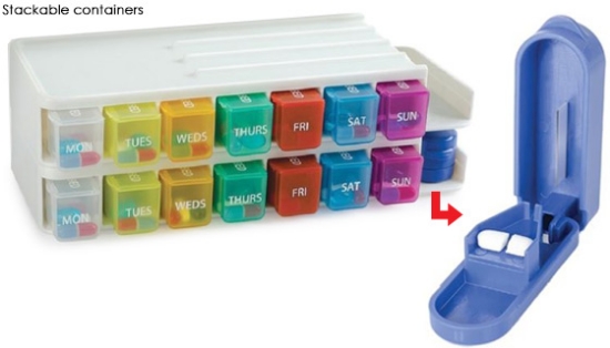 The Weekly Pill Sorter and Organizer contains 7 individual, removable pill organizers, each with 4 divided compartments for morning, noon, evening, and bed. Features a organizing surface to place all your pills and fill each pill compartment faster.