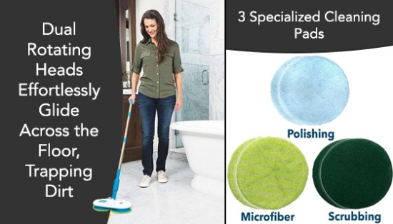 Floor Police is the motorize spin mop that does the hard work for you! It's lightweight, cordless, and includes 6 microfiber pads that go on dual heads that spin away messes at 100 RPMs. Clean a multitude of surfaces both effectively and effortlessly.