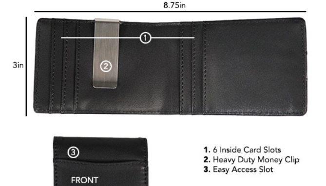 This black bi-fold is designed with a narrow profile so that it fits more comfortably in any pocket.