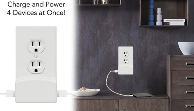 The unique, low-profile design keeps both outlets available for other items you need to power. And you can use both USB charging ports simultaneously!