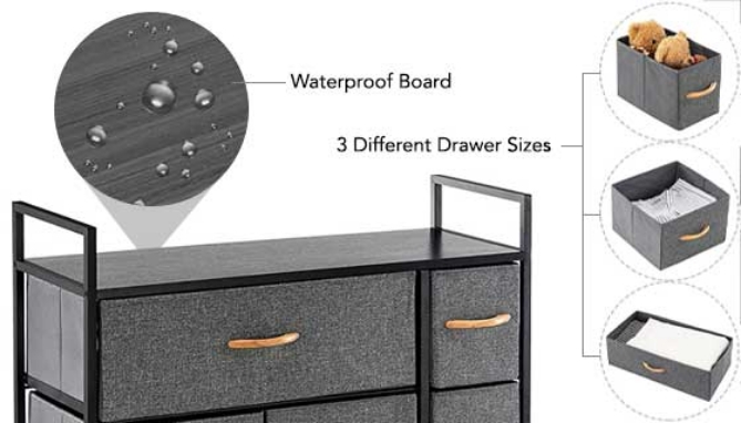 This small storage dresser will make for a fantastic addition to any living space in your home while keeping you organized. Choose from 7 total fabric drawers in different sizes that sit atop the lightweight industrial iron frame.