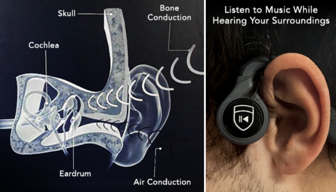 Enjoy the latest technology in headphones with these innovative Bone Conduction Earphones by Frequency Sound. Rather than go over or in your ears, these rest comfortably on your temple to almost magically transmit sound.