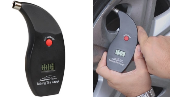 No more squinting! Check your tire pressure the easy way with this talking digital tire pressure gauge. Simply attach the device to your tire valve, and press the on button to get a loud and clear measurement read aloud for you. A large LCD screen also displays the measurement clearly.