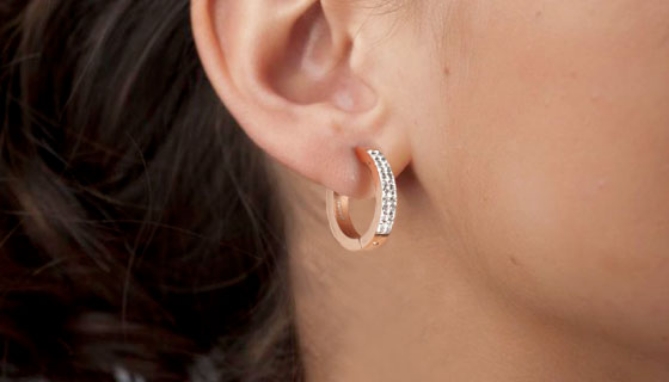 Picture 4 of 18kt Gold, Rose Gold, and Silver Huggie Earrings with Swarovski Crystals